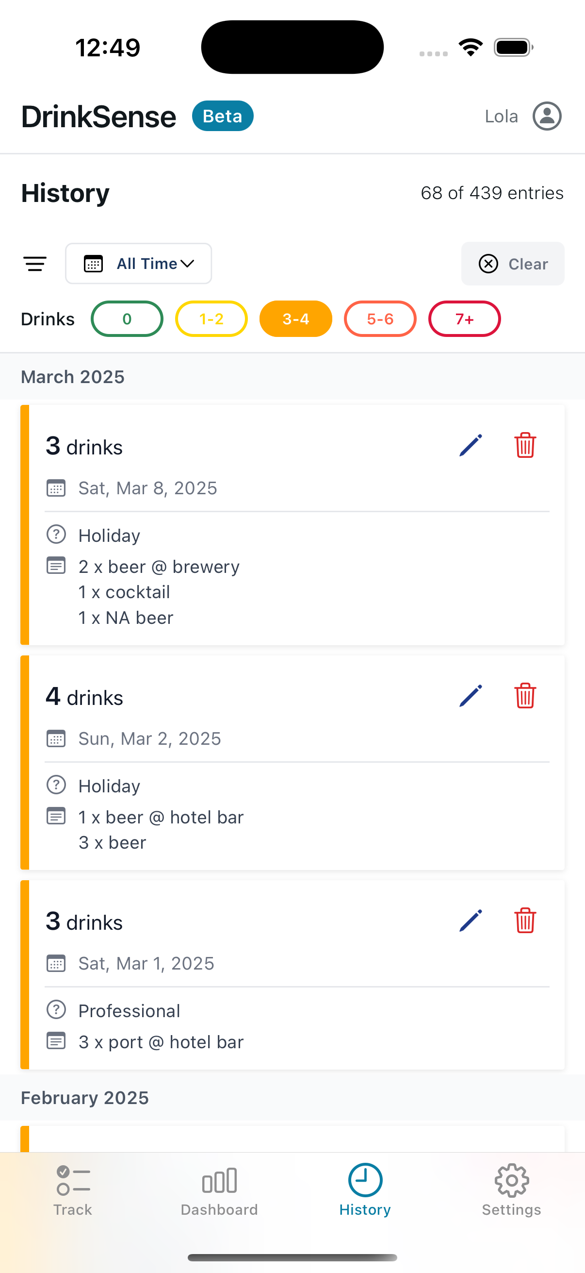 DrinkSense history view with detailed drink logs and filters
