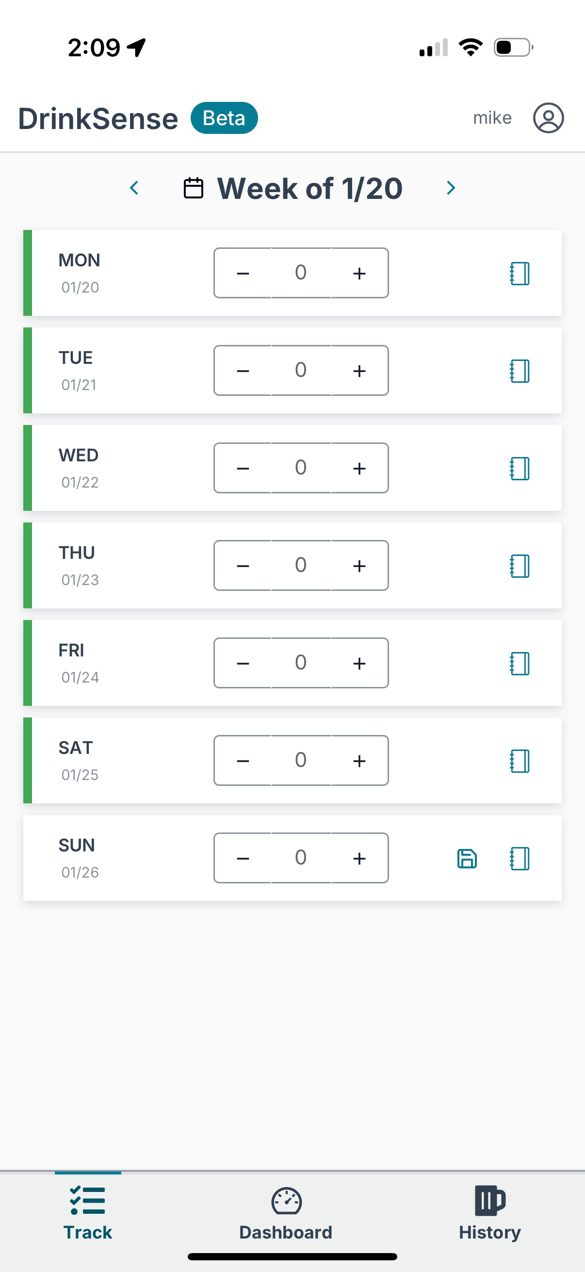 DrinkSense daily tracking interface with easy drink logging