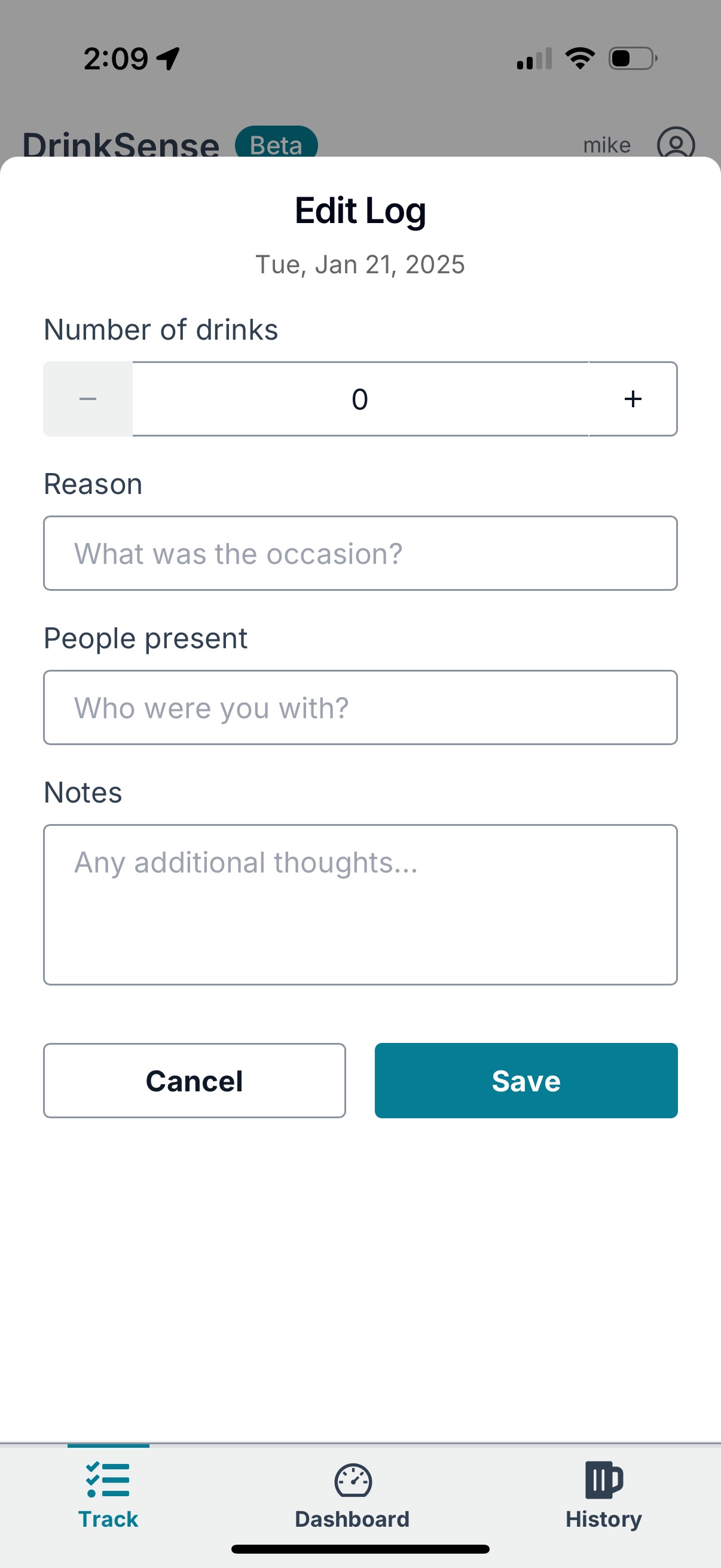 DrinkSense detailed drink logging form