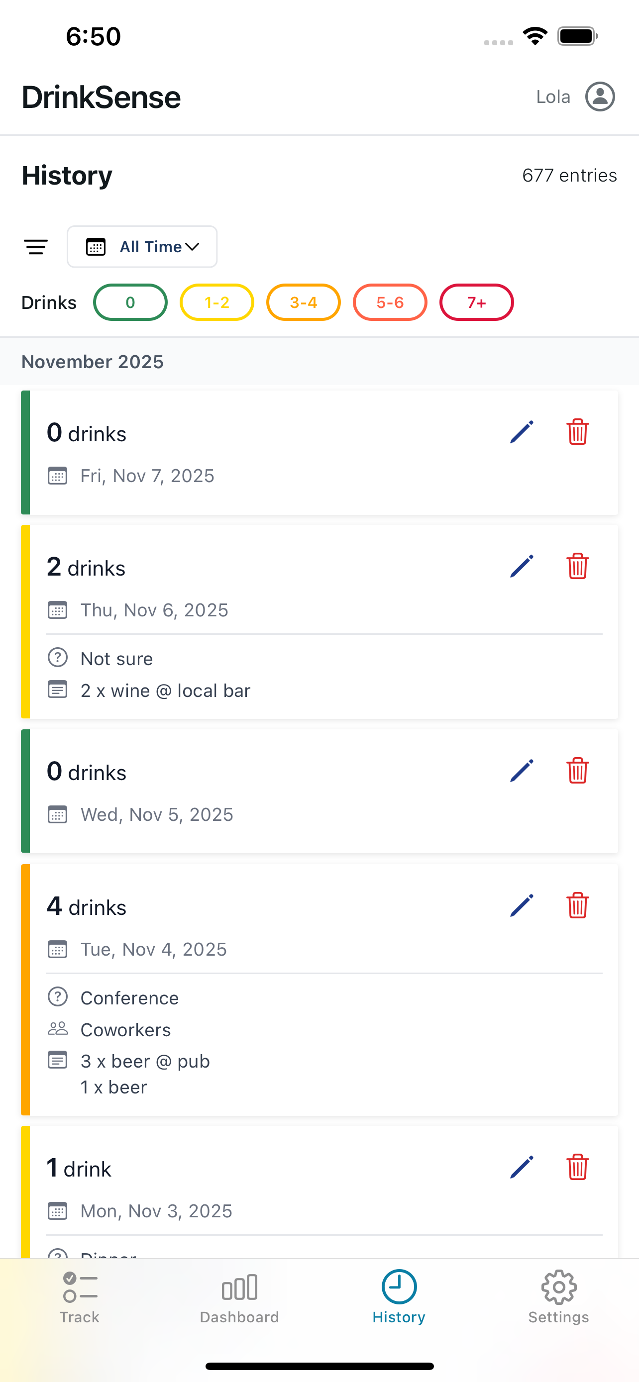 DrinkSense history view with detailed drink logs and filters